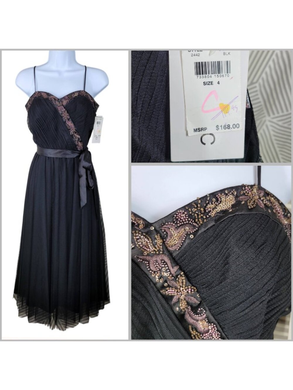 NEW Oleg Cassini Black Beaded Gown Dress Size 4 Layered Mesh Vintage Y2K Dance